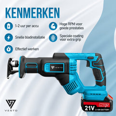 Vesto® Accu Reciprozaag – 21V Li-Ion – Incl. 2 Accu’s, Zaagbladen & Koffer – 25mm Slag – Voor Hout, Metaal & Kunststof – Snelwisselsysteem – Draadloos