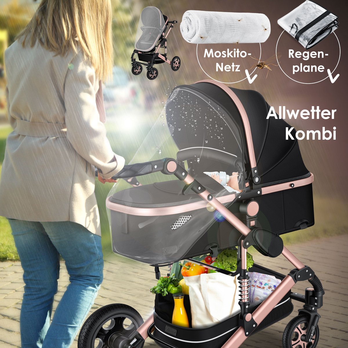 Kinderwagen 3 in 1 - Buggy - Wandelwagen - Kinderbuggy - Champagne - KESSER®