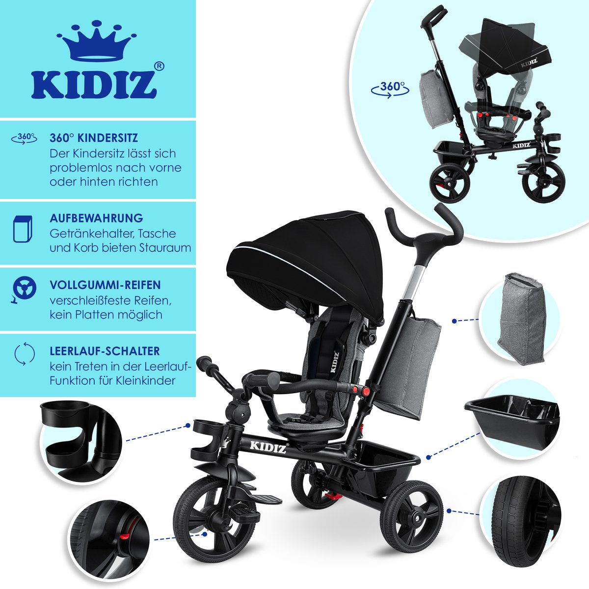 KIDIZ® 5in1 Kinderfiets - Loopfiets - Driewieler - Zwart •
