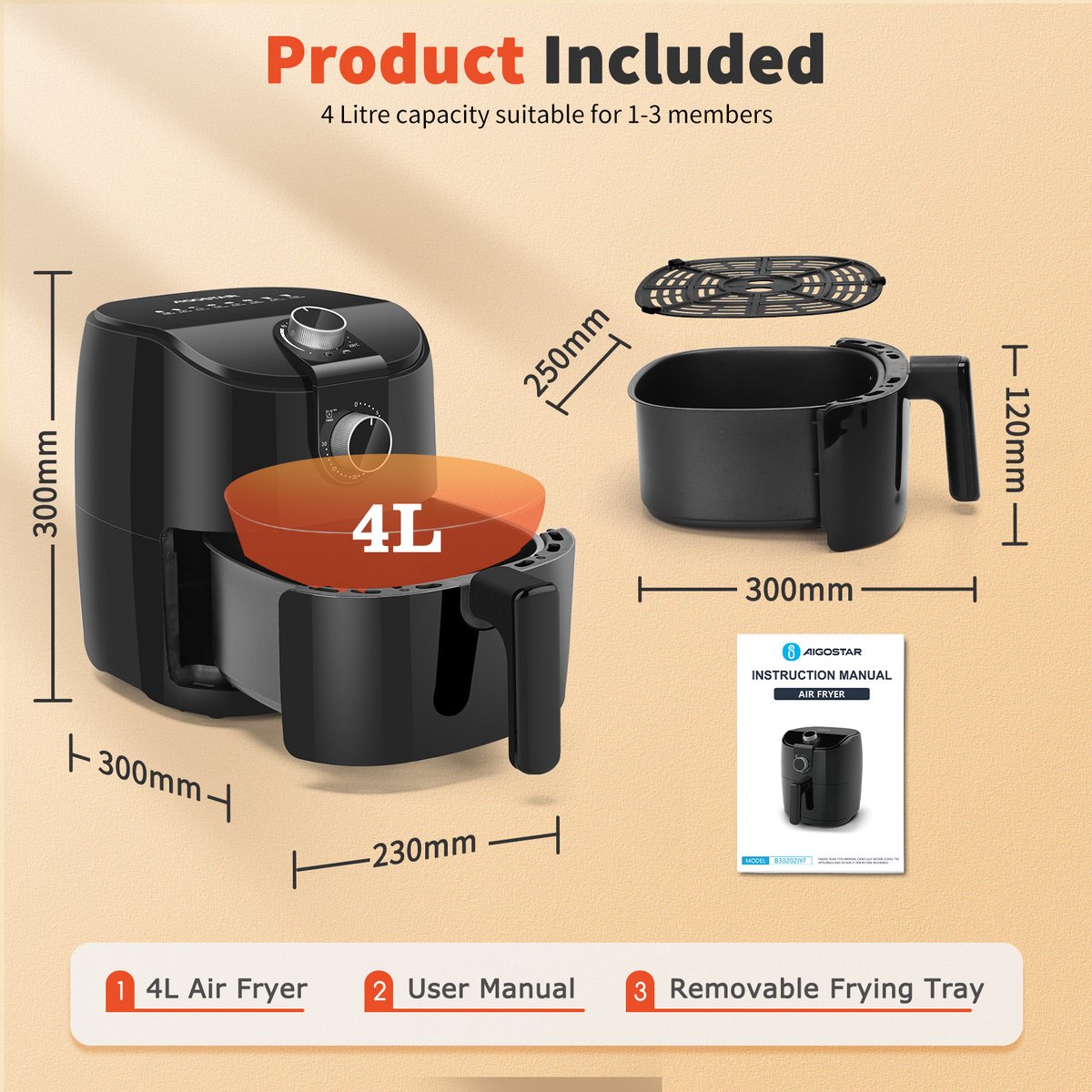 Aigostar Airfryer - Heteluchtfriteuse 4 liter - 1500W Zwart