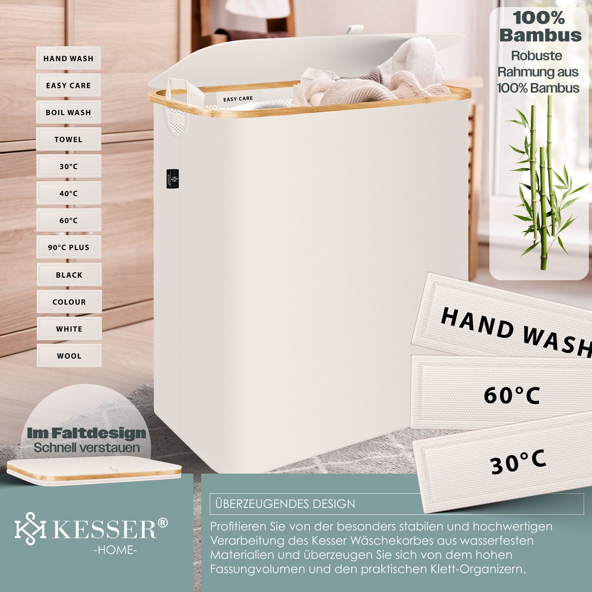 KESSER® Wasmand met Deksel - 3 Waszakken - 170 Liter - Beige