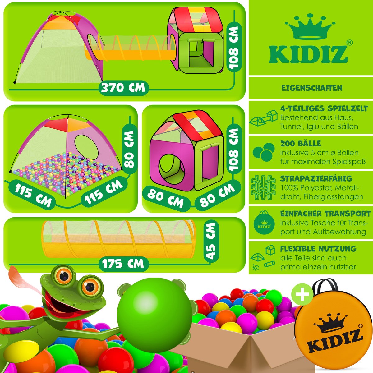 KIDIZ® Ballenbak Speeltent - Kindertent met 200 ballen - Ballenbad Speelhuis - Ideaal voor huis & tuin - Tunnel - XXL