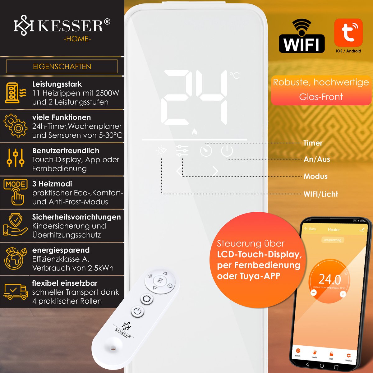 KESSER® Olieradiator - Oliegevulde Radiator 2500W - Elektrische Kachel Energiebesparing met Thermostaat - Touchscreen LED Display WiFi App & Afstandsbediening Electrische Verwarming - Wit
