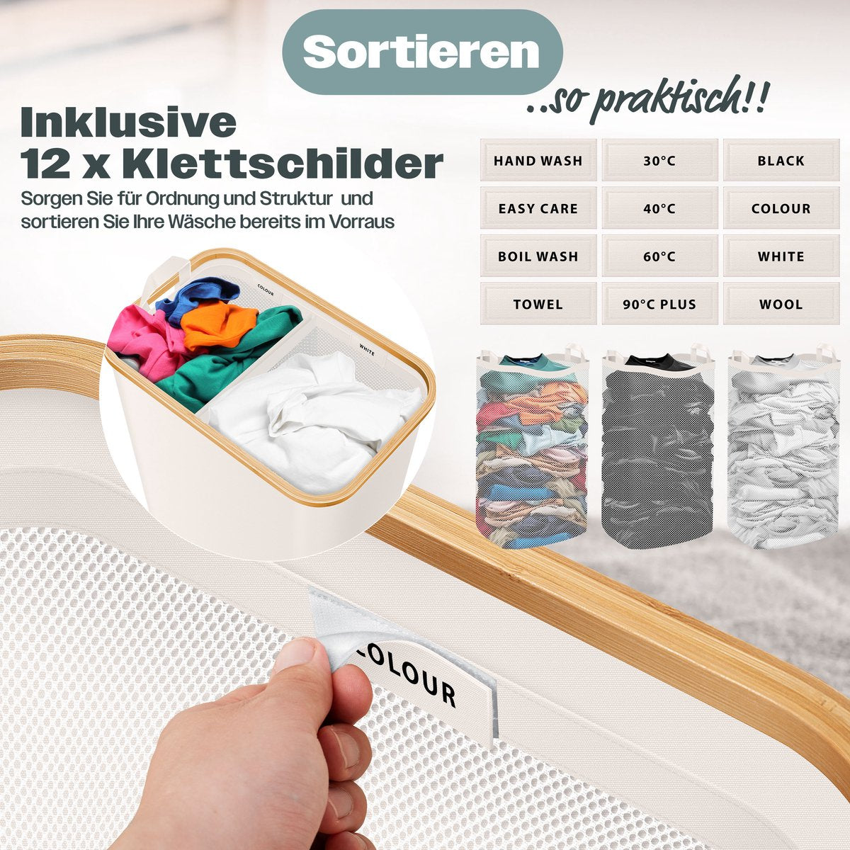 KESSER® Wasmand met Deksel - 3 Waszakken - 170 Liter - Beige
