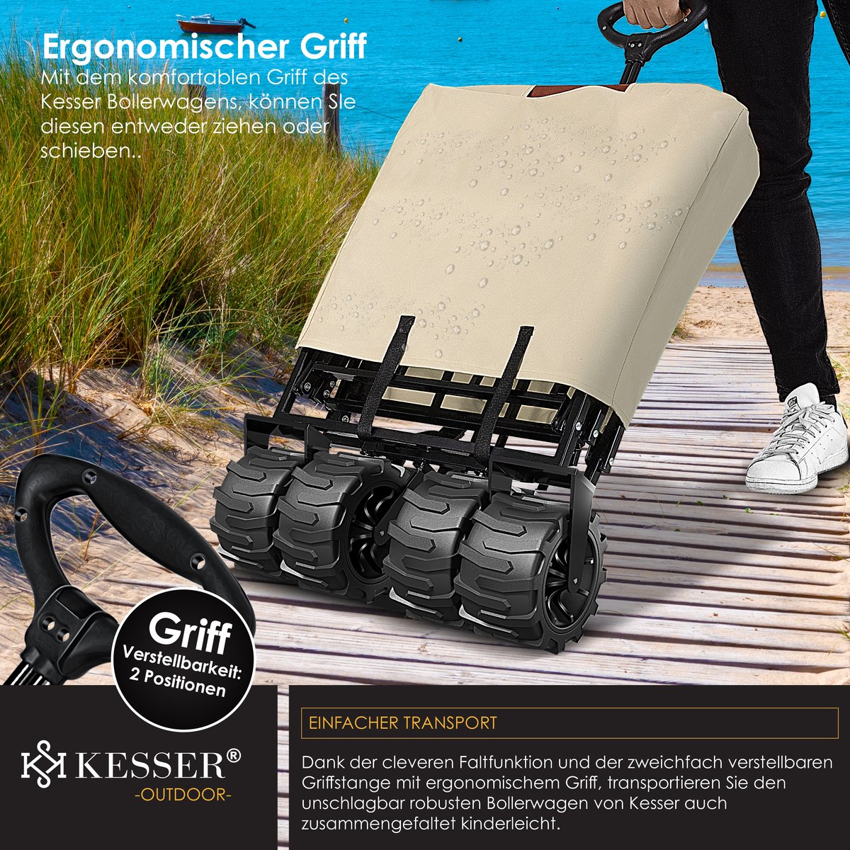 KESSER® Bolderkar opvouwbaar Bolderwagen tot 120 kg draagvermogen - Strandkar Transportkar - Beige