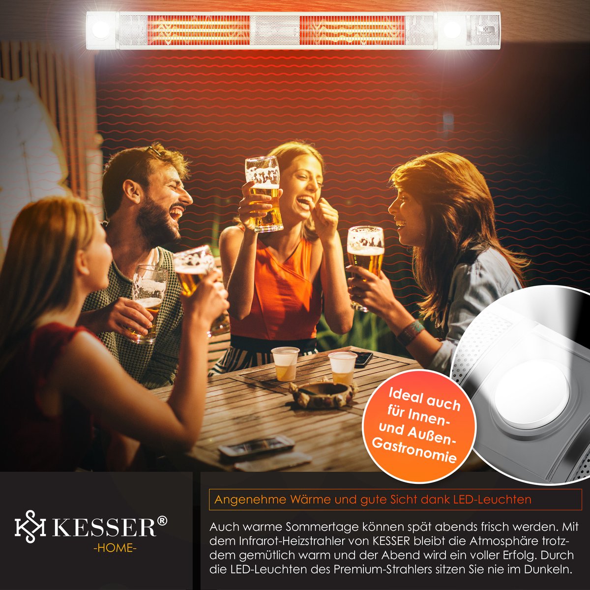 KESSER® Infraroodstraler / Infrarood Stralingsverwarming 3000W IR Gastro Bar Incl. LED Licht Patio Heater Met WiFi & Afstandsbediening incl. Beschermhoes Infrarood Heater Kwarts Heater Patio Heater Wand Heater - Wit