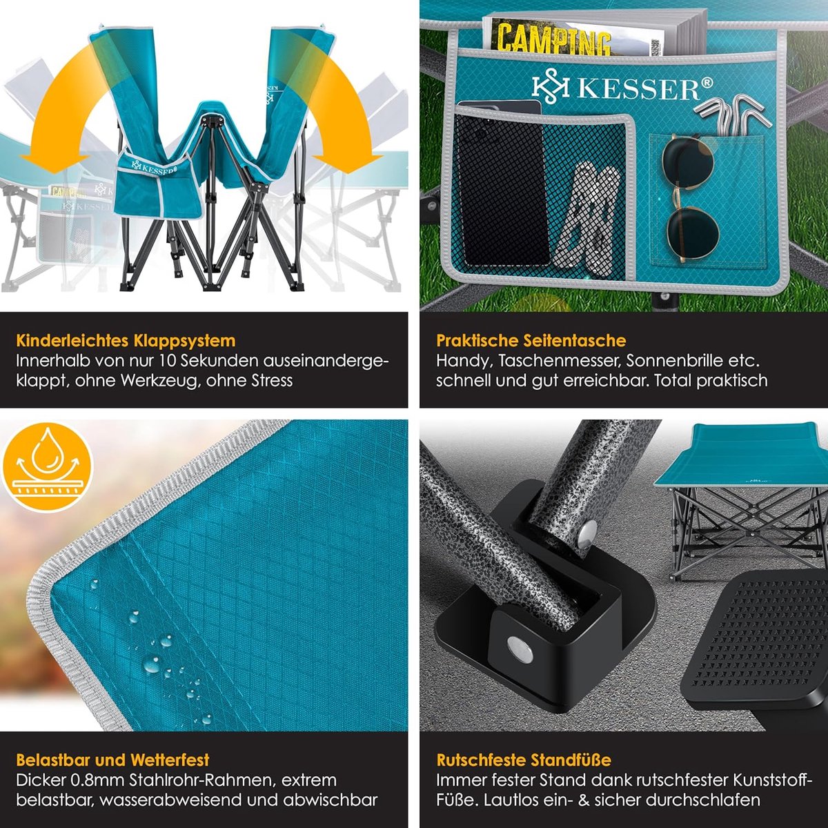 KESSER® Campingbed, veldbed, inklapbaar klapbed, campingbed incl. draagtas, campinglicht + zijzak, stabiel veldbed, 250 kg belastbaar, metalen buis, 600D Oxford-weefsel, draagbaar ligbed, comfortabel