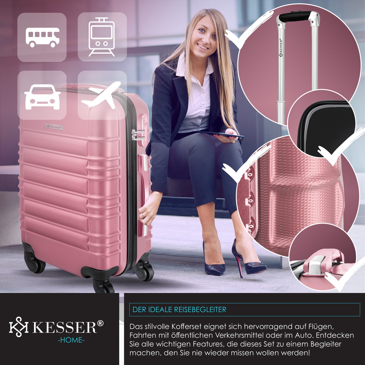 KESSER® Reiskofferset - 3-delig - ABS- Kofferset - Roze