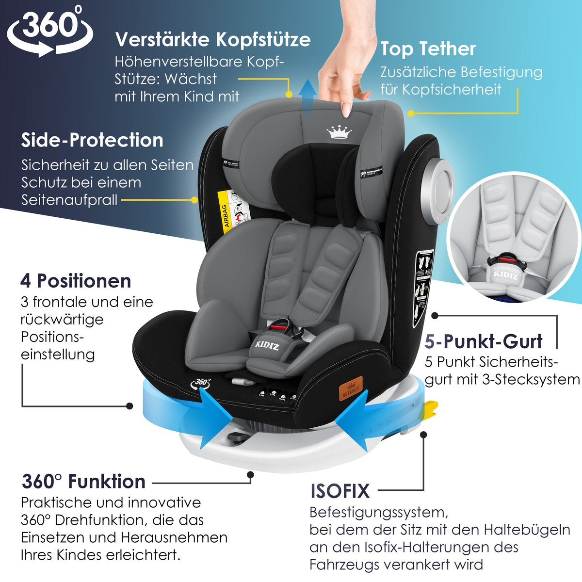 KIDIZ® Autostoeltje Isofix - 360° draaibaar - Zwart