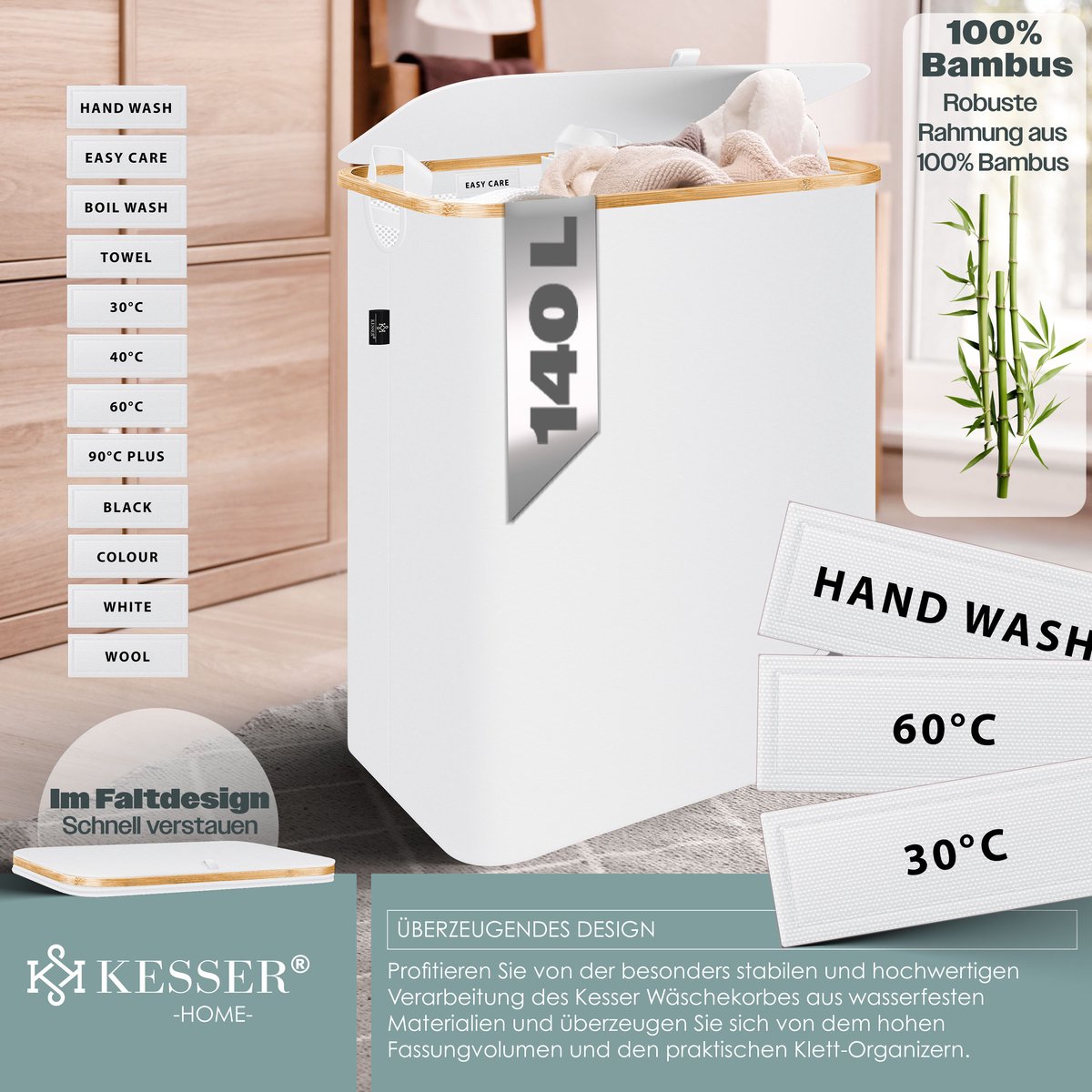 KESSER® Wasmand met Deksel - Opvouwbare Wasbox - Wassorteerder met Uitneembare 3x Waszakken inclusief wasinstructies - Wit, 140 liter