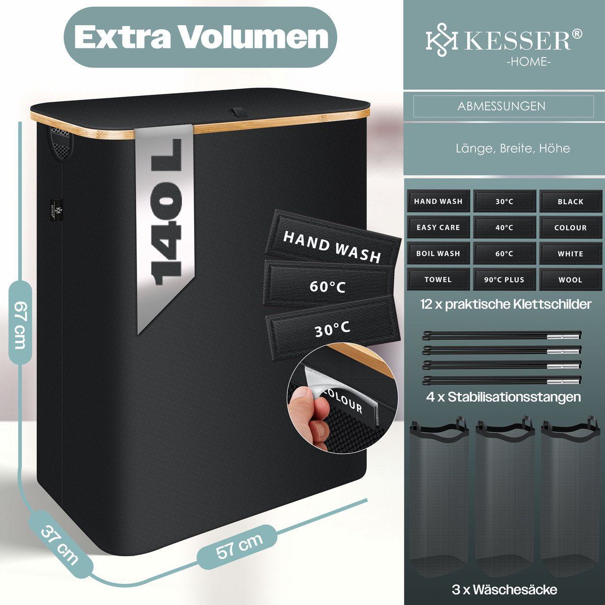 KESSER® Wasmand met Deksel - Opvouwbare Wasbox - Wassorteerder met Uitneembare 3x Waszakken inclusief wasinstructies - Zwart, 140 liter