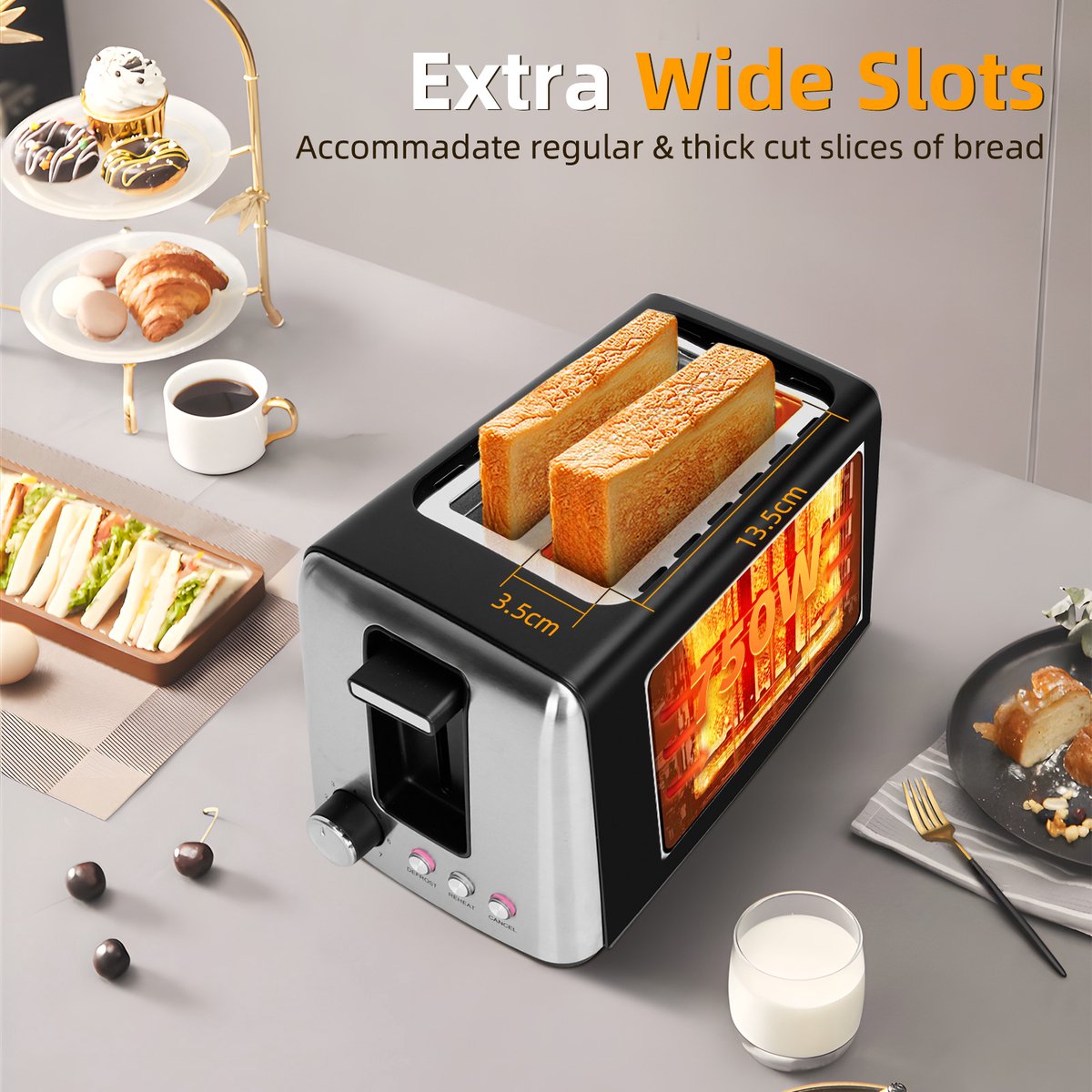 Aigostar 30A49 Delish - Broodrooster - Toaster - 2 Extra Brede Sleuven - 7 Warmteniveaus - Met Externe Grill - Reheat en Ontdooi-functie - 750W - Zwart