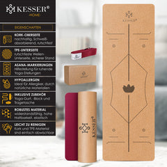KESSER® Yogamat Kork 183x62cm Turnmat Gymnastiekmat Fitnessmat Inclusief Draagriem Tas & Yoga Blok - Bordeux