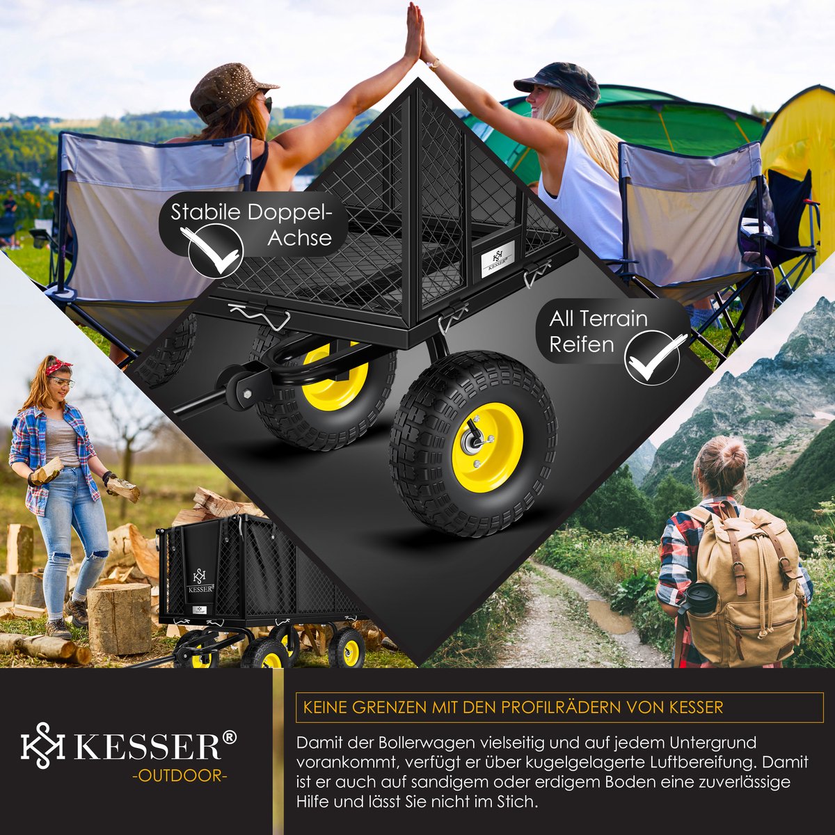 KESSER® Tuinkar - Bolderkar - 550 kg belastbaar - Zwart