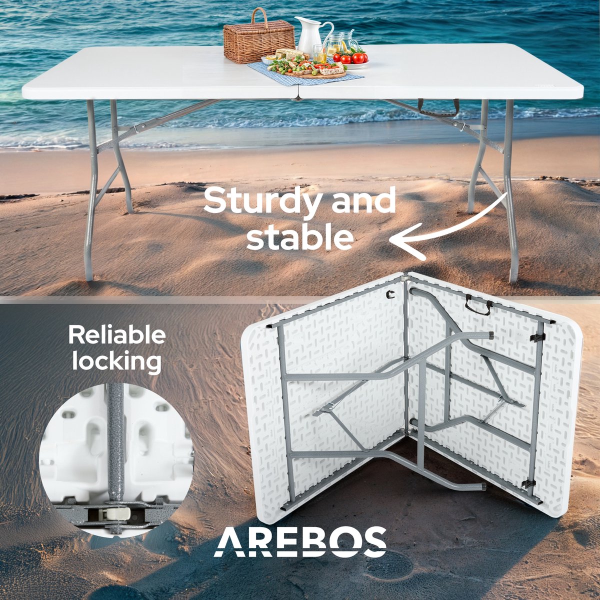 AREBOS Klaptafel - Inklapbare tafel - Campingtafel - Vouwtafel - Weerbestendig - Wit - 182 × 74 × 74 cm - 8 personen