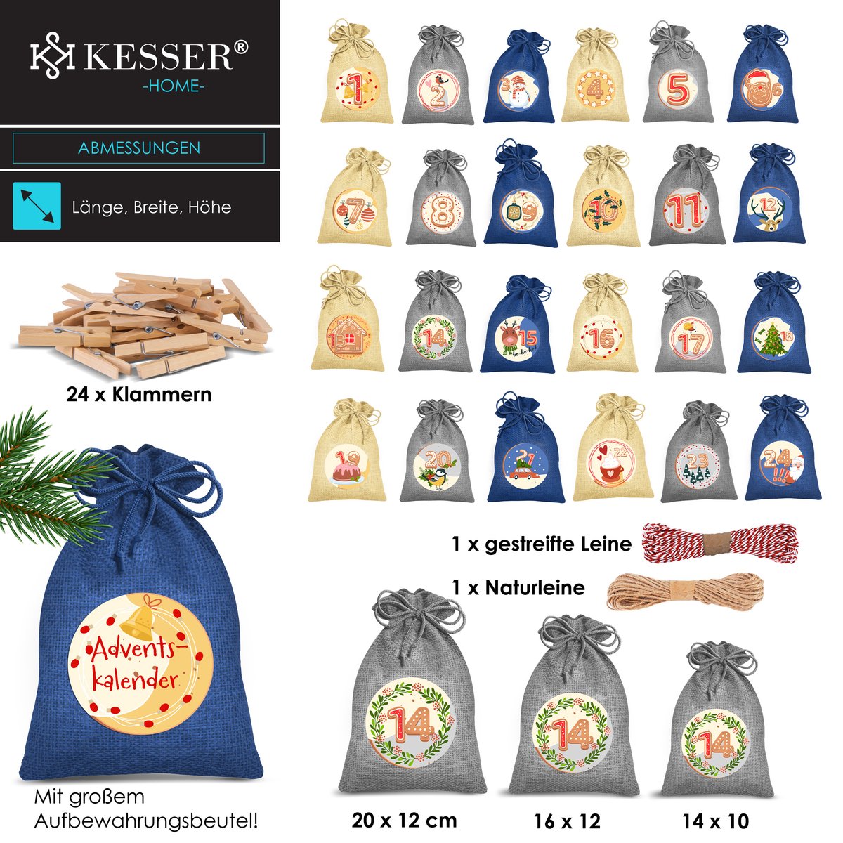 KESSER® Adventskalender om zelf te vullen 24 Jute Zakjes Bedrukte Stoffen Kerst Zakjes Incl. 24x Labels + 1 Grote Stoffen Opbergzak Advent Kalender - Blauw / Gekleurd - 16cm x 12cm