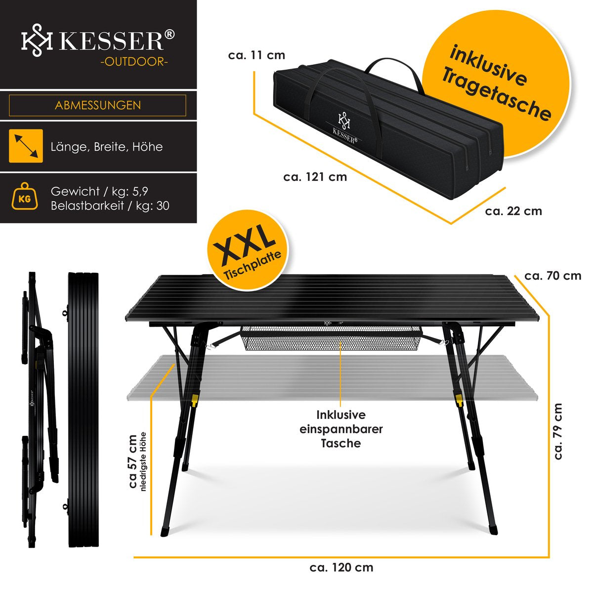 KESSER® Campingtafel Opvouwbaar - Verstelbaar - 120x70 cm - Zwart