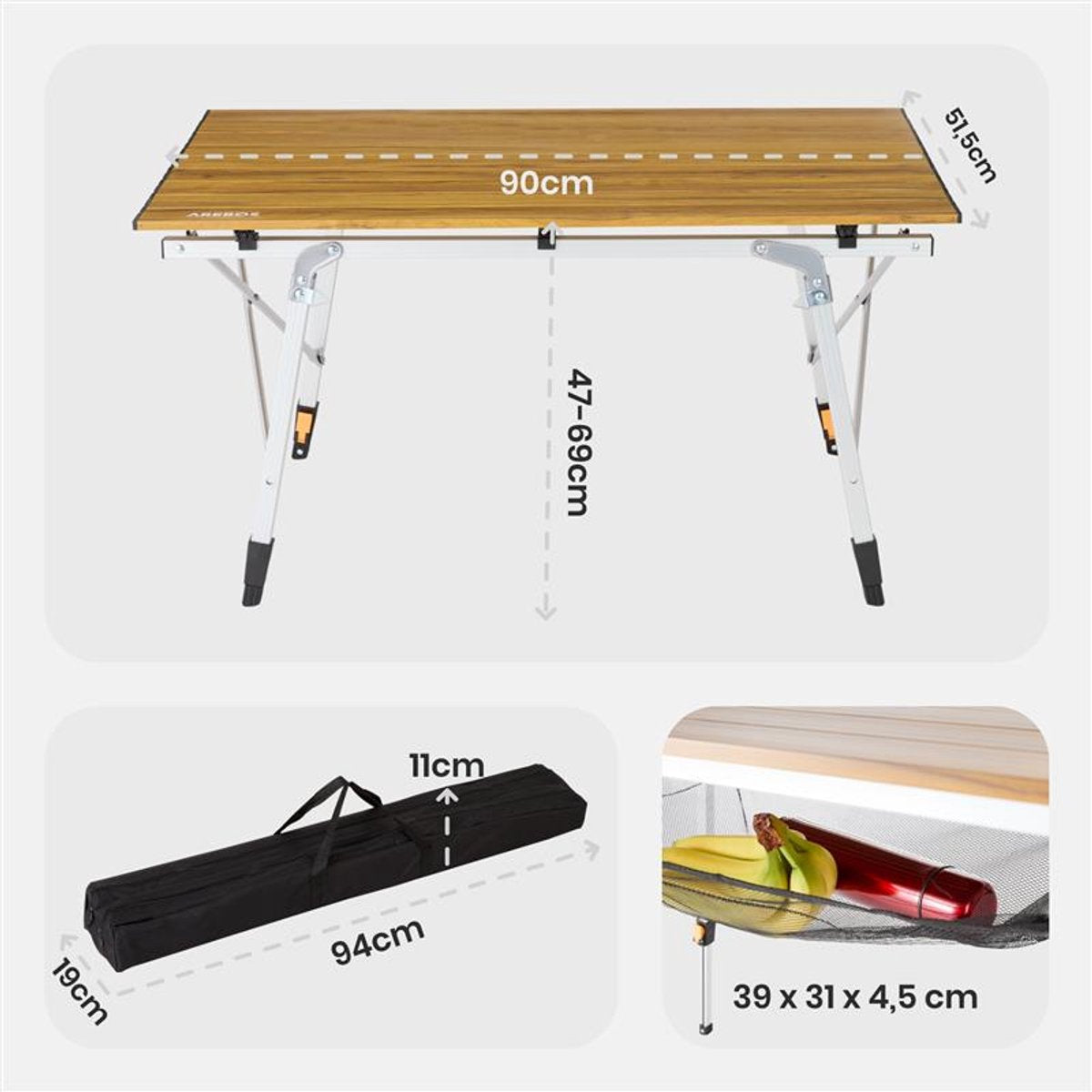 AREBOS campingtafel 90 x 51,5 cm roltafel aluminium klaptafel outdoor bruin