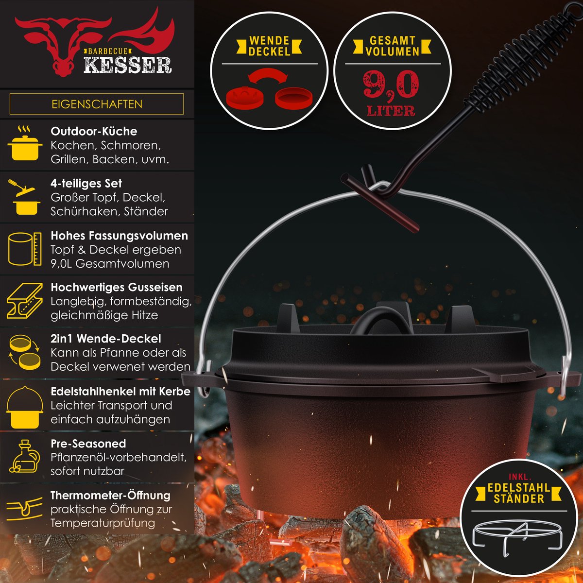 KESSER® Dutch Oven Set - 9L - Vuurpan - Stoofpan - Gietijzeren pan