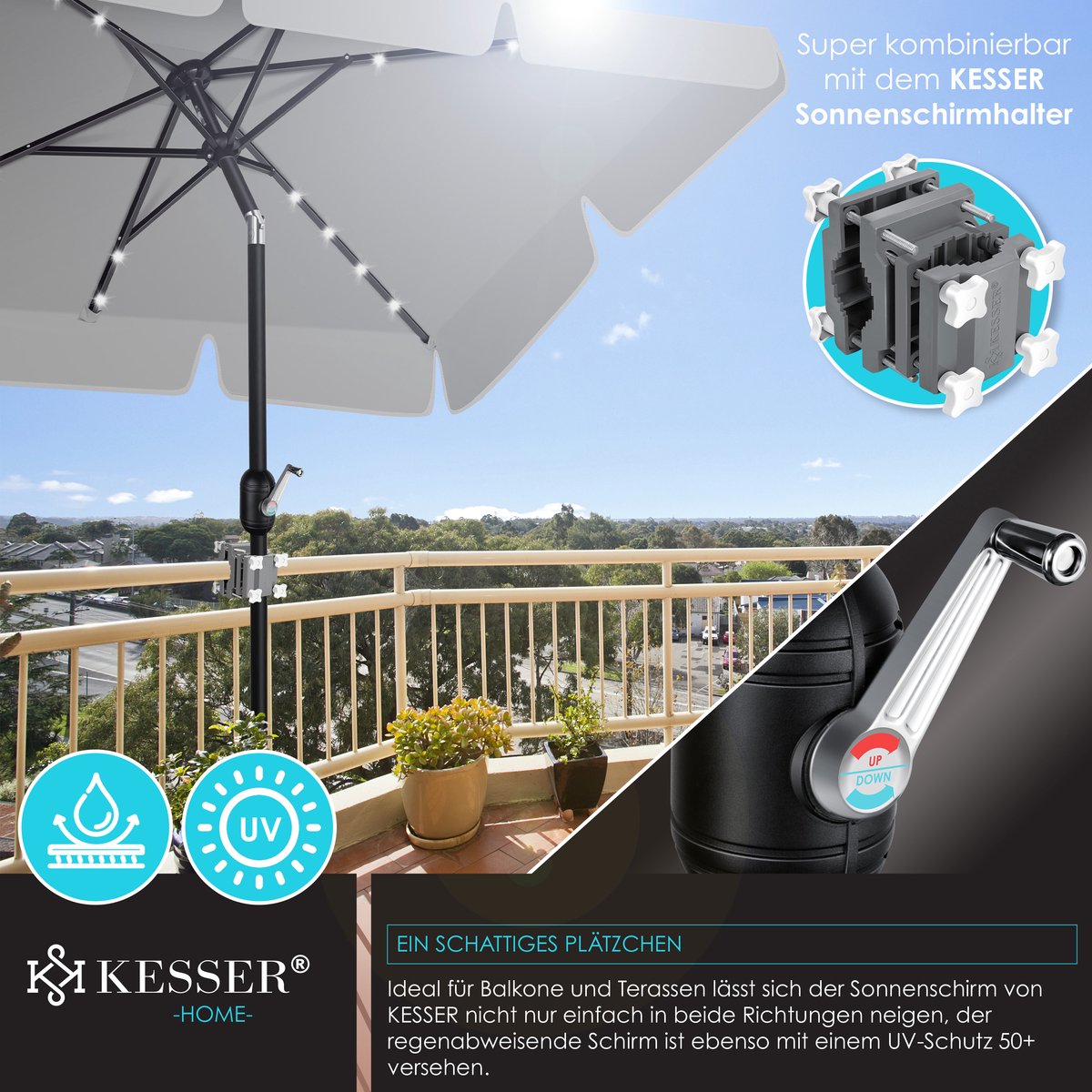 KESSER® Parasol LED Solar Stokparasol met Zwengel Incl. 2in1 Beschermhoes Transporttas, Tuinparasol, Parasol voor Balkon Tuin & Terras Verstelbaar Buigbaar Balkonparasol - Hoekig, Lichtgrijs