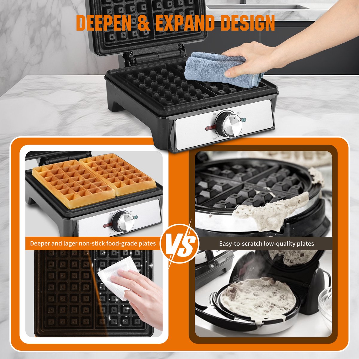 Aigostar Savory - Wafelijzer - 2 Belgische wafels - 4x7 - Regelbare thermostaat - Anti aanbaklaag - RVS - 20 x 17 cm - 1600W - Zwart •