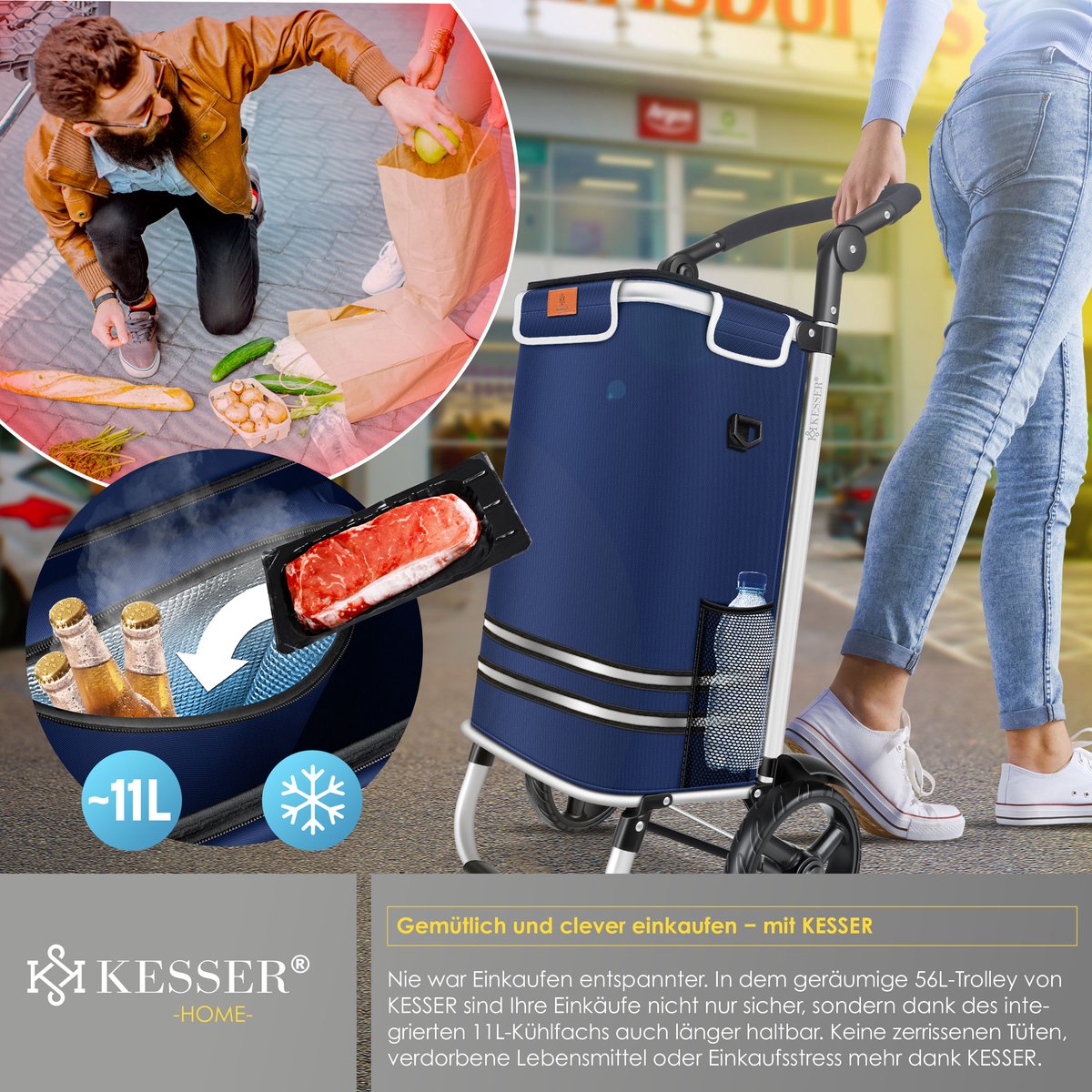KESSER® Boodschappentrolley - Boodschappenwagen - 56L - tot 50kg  - Marineblauw