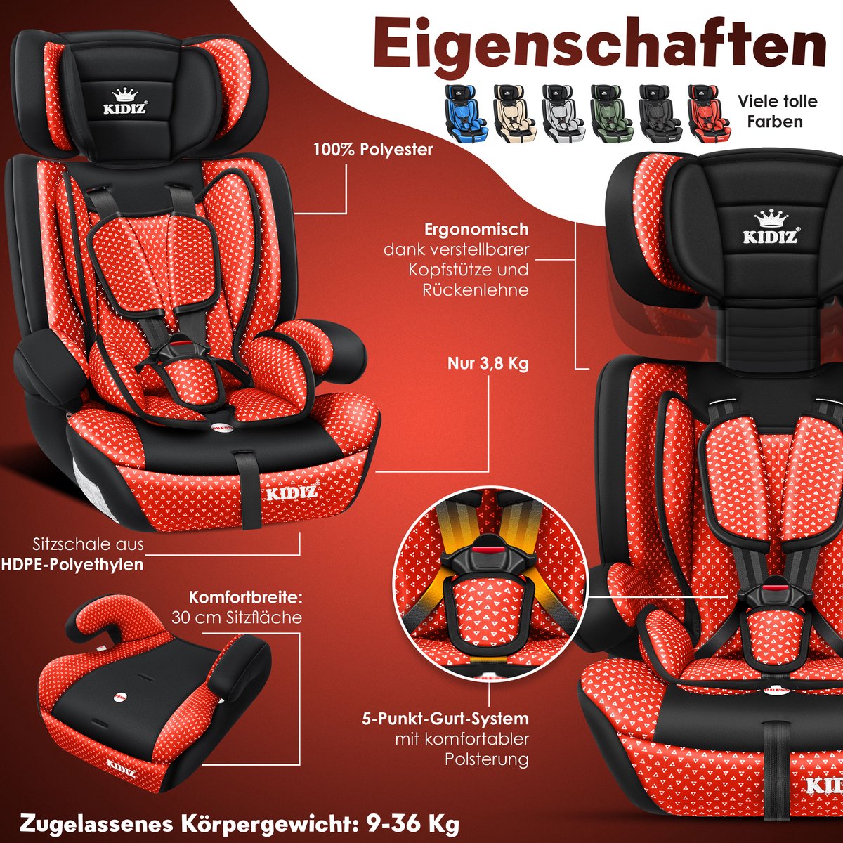 KIDIZ® Autostoeltje - 5-punts veiligheidsgordel - Rood