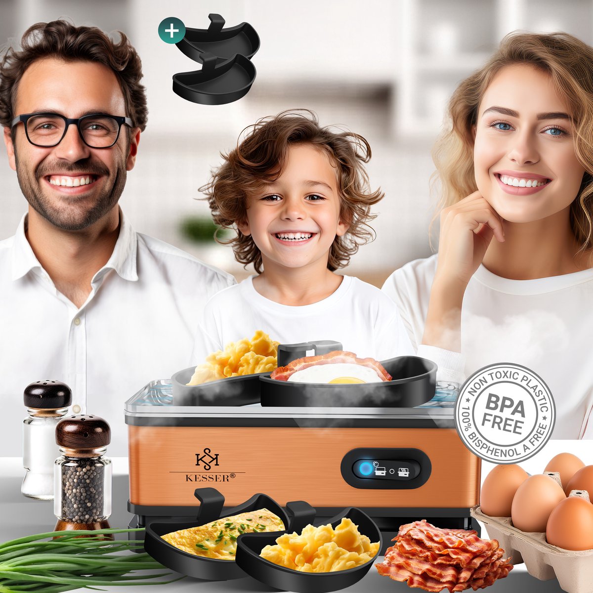 KESSER® Eierkoker electrisch voor 6 Eieren | Elektrische Eierkoker 400W van roestvrij staal met Timer en Maatbeker & 2x kom voor omelet BPA-vrij - Zwart / Koper •