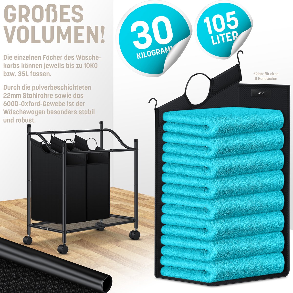 KESSER® Wasmand op Wieltjes met 3 Uitneembare Vakken - Wassorteerder Waszak - Zwart