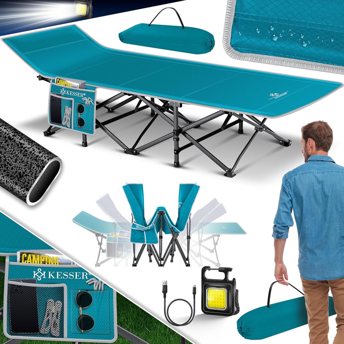 KESSER® Campingbed, veldbed, inklapbaar klapbed, campingbed incl. draagtas, campinglicht + zijzak, stabiel veldbed, 250 kg belastbaar, metalen buis, 600D Oxford-weefsel, draagbaar ligbed, comfortabel