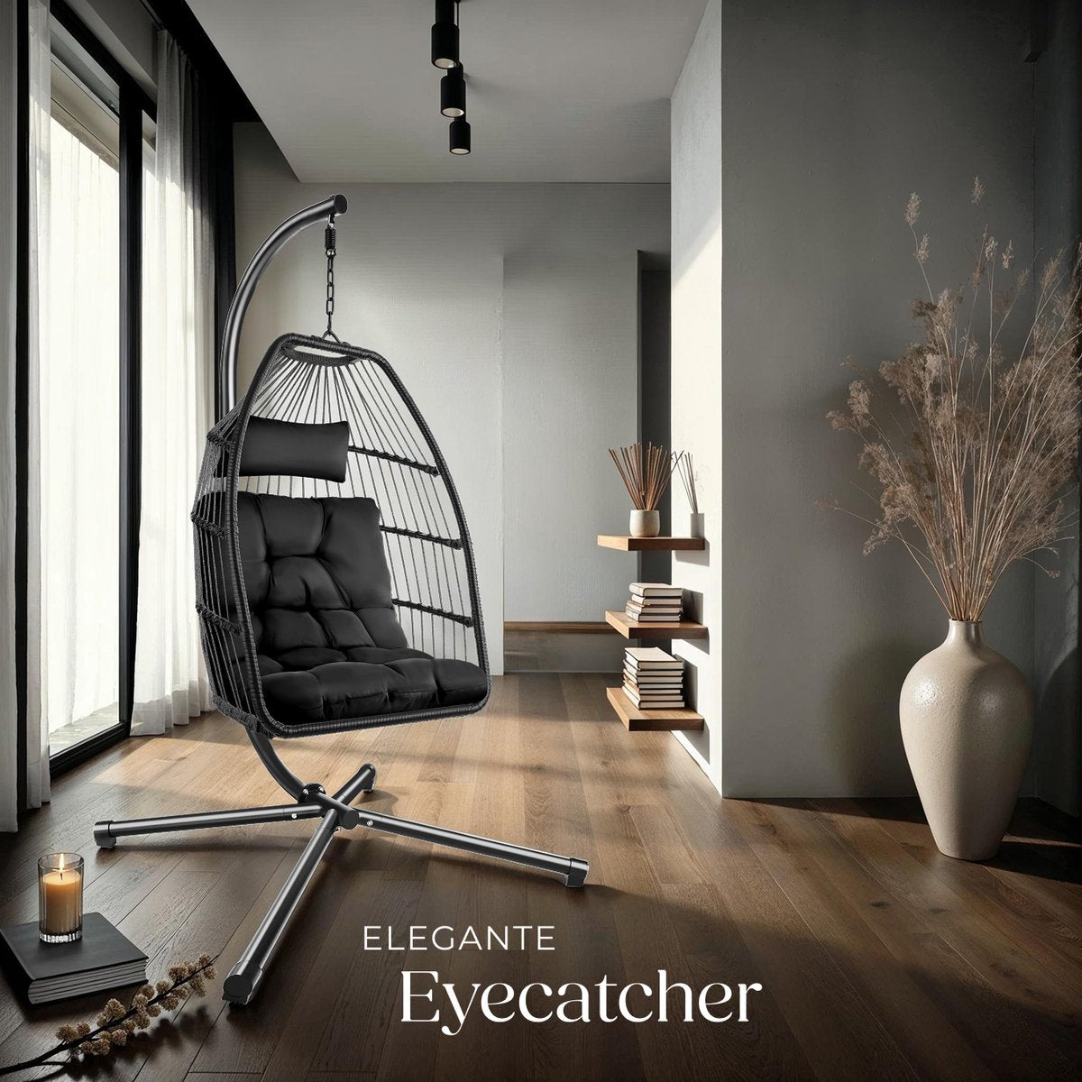 tectake® - Luxe hangstoel - Opvouwbare en draaibare egg chair met standaard - Dikke kussens - Antislipvoeten - Inclusief beschermhoes - Ideaal voor buiten, tuin, terras en slaapkamer - Donkergrijs