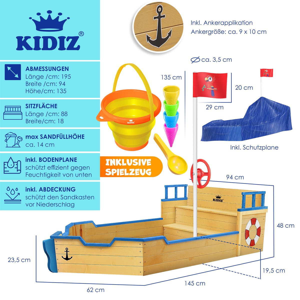 KIDIZ® Zandbak piratendesign - Met bankje - Bruin