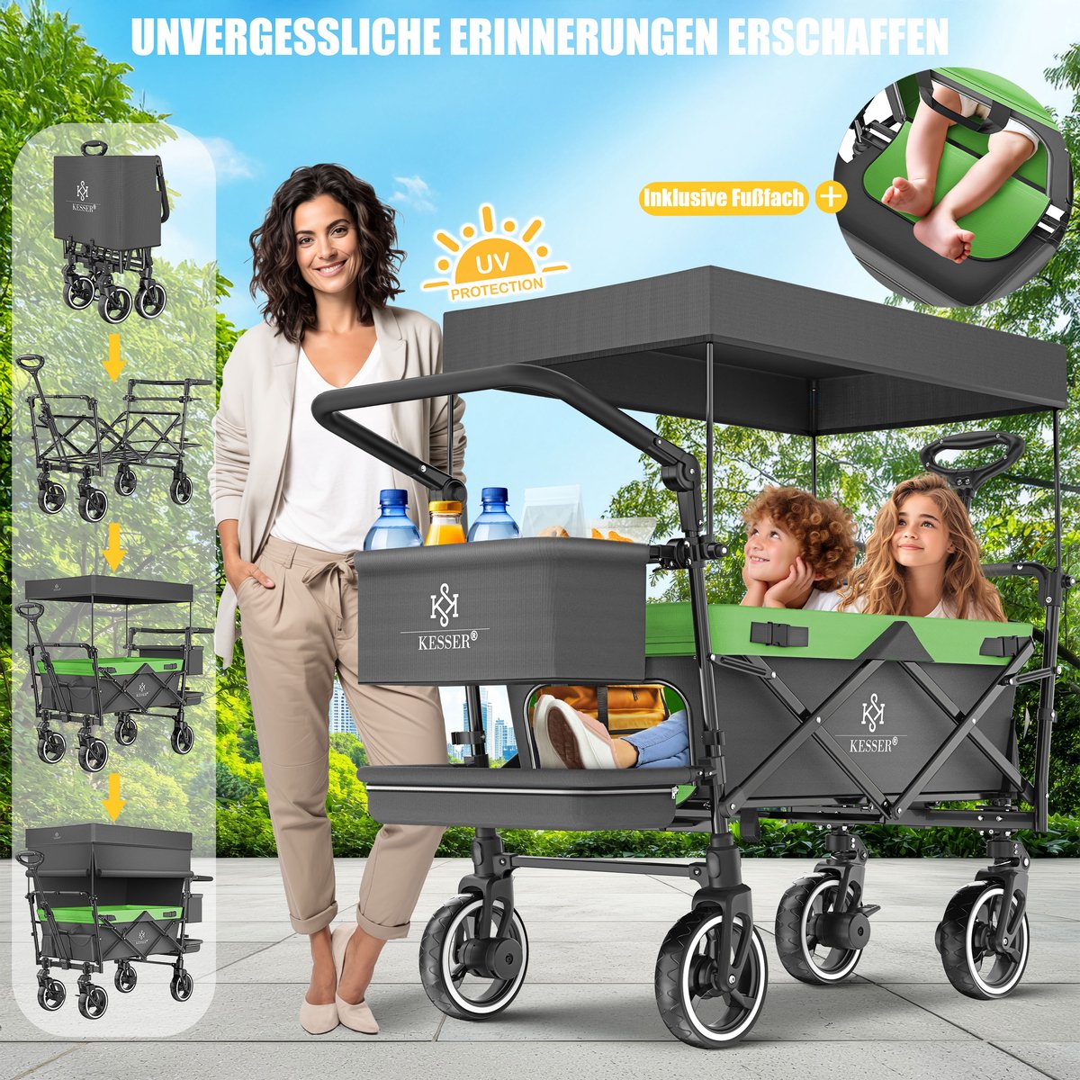 KESSER® Bolderkar GTS-9100 opvouwbaar met Dak tot 80 kg draagvermogen - Antraciet / Neongroen