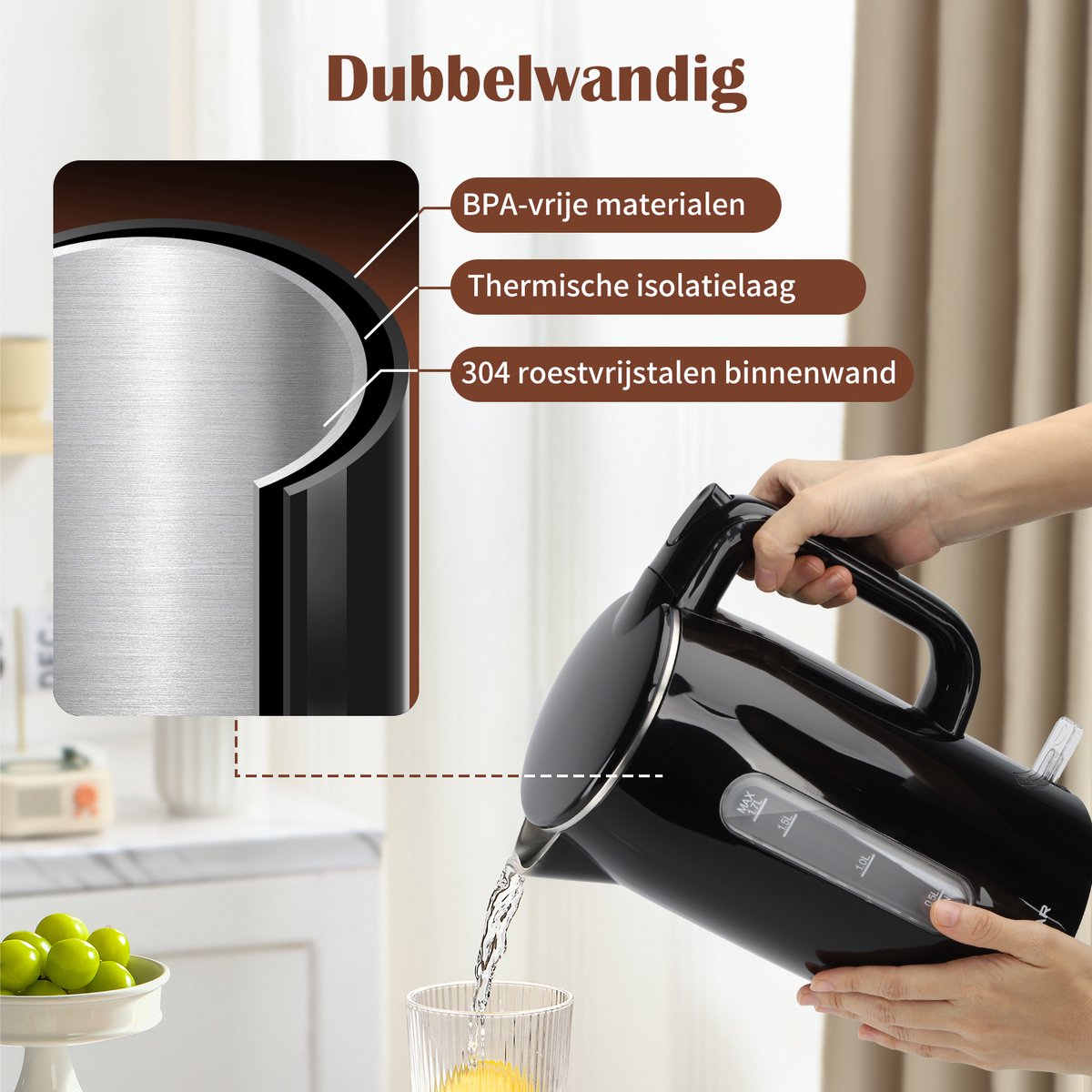 Aigostar Waterkoker Dubbelwandig - 1,7L - Retro - 2200W - Zwart •