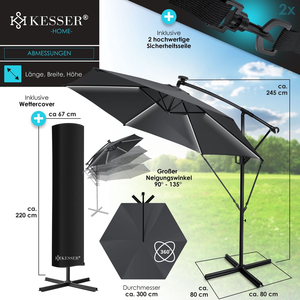 KESSER® Zweefparasol met voet - LED - Ø 3m - 360° Draaibaar  - Antraciet •