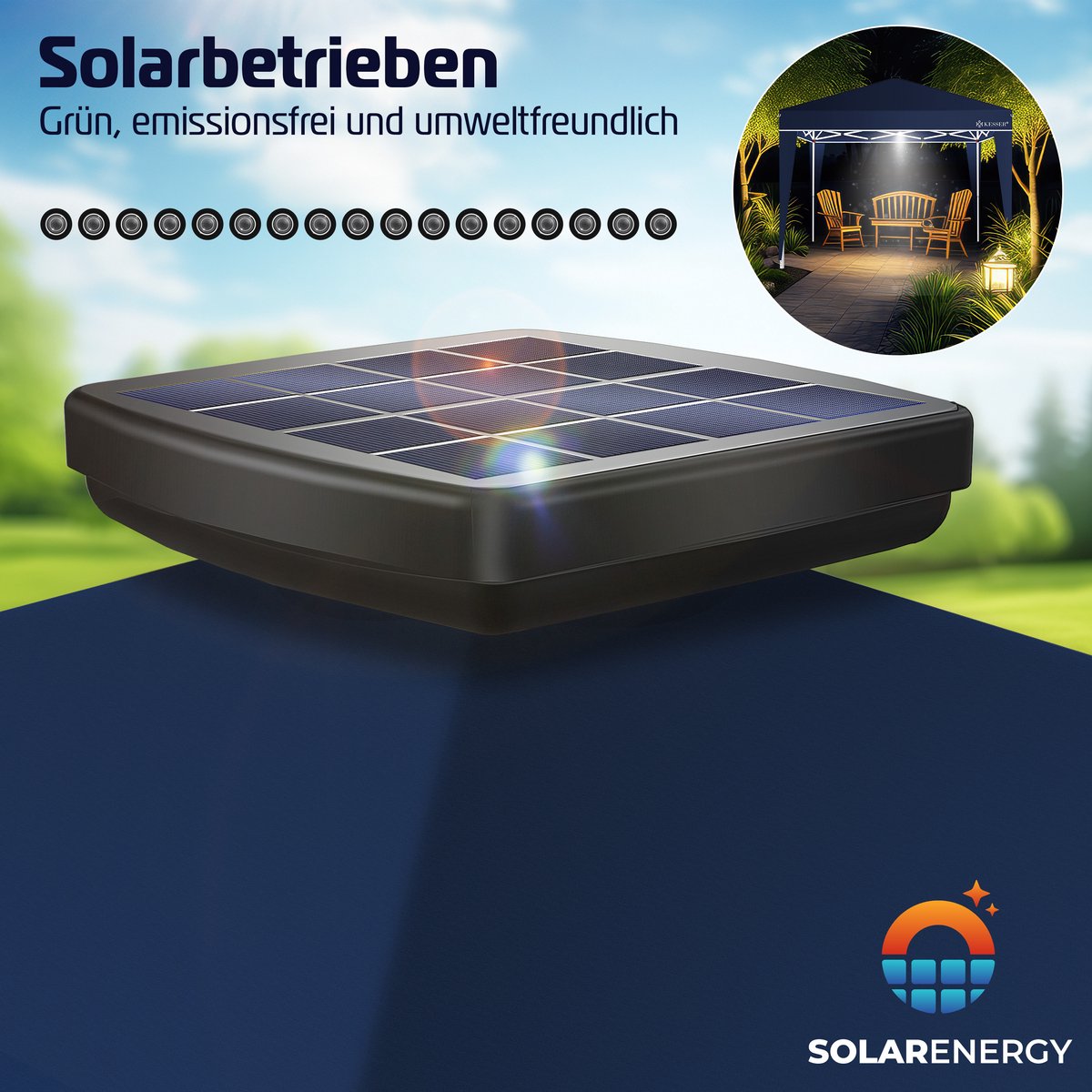 KESSER® Paviljoen 3x3m Tuinpaviljoen weerbestendig & Opvouwbaar met LED-verlichting op zonne-energie & UV-bescherming Inclusief transporttas & Afstandsbediening