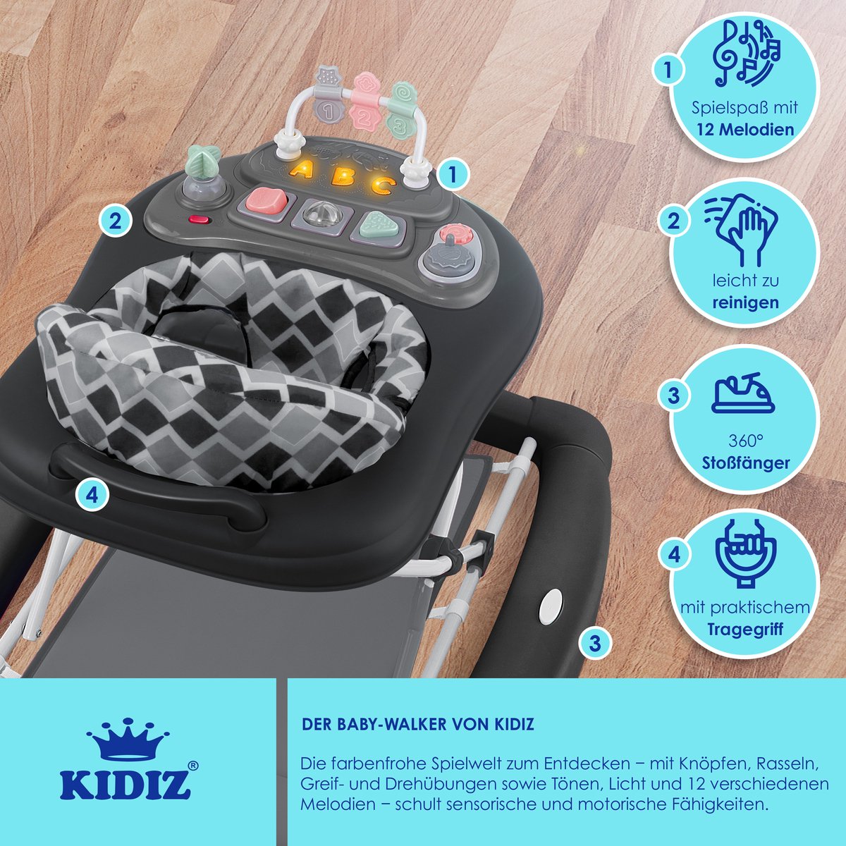 KIDIZ® 4in1 Baby walker - Loopstoel - Loopwagen - Opvouwbaar - Zwart