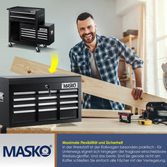 Masko® Werkplaatswagen - Gereedschapswagen - 9 vakken - Zwart