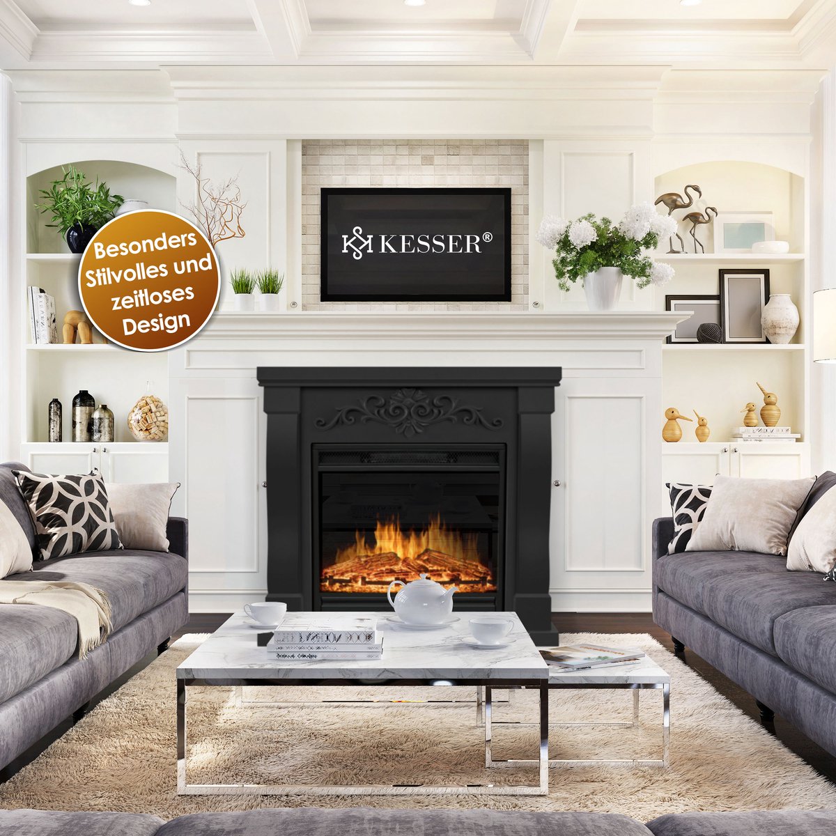 KESSER® Sfeerhaard Elektrisch Haard 1800W met LED Vlammen Dimbaar - Electrische Kachel met Timer & Afstandsbediening - Elektrische Verwarming met Thermostaat - Villa Zwart