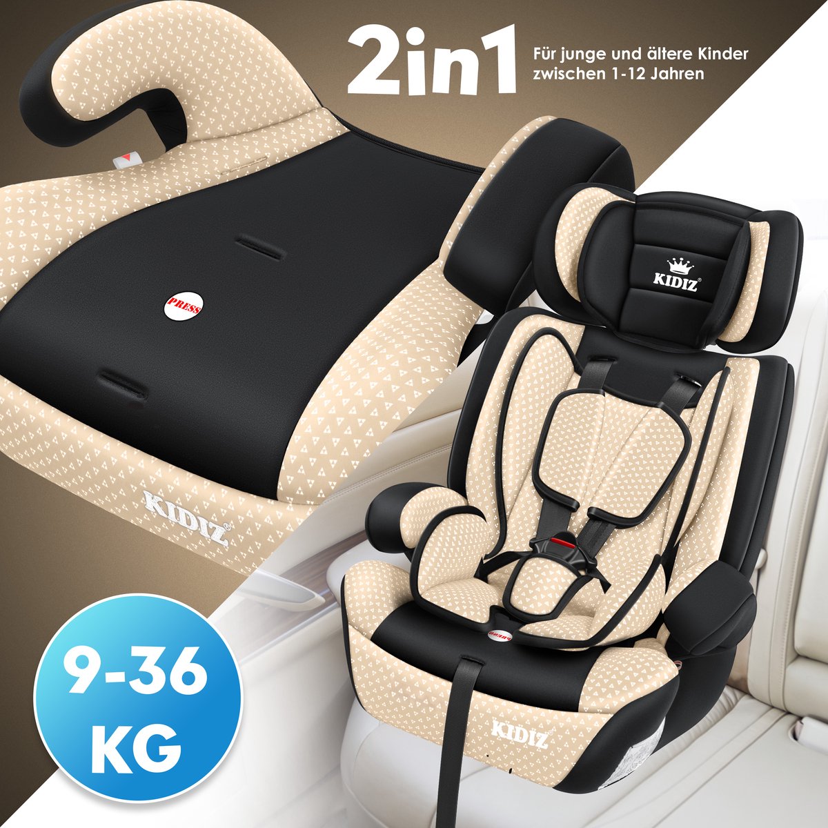 KIDIZ® Autostoeltje - 5-punts veiligheidsgordel - Beige