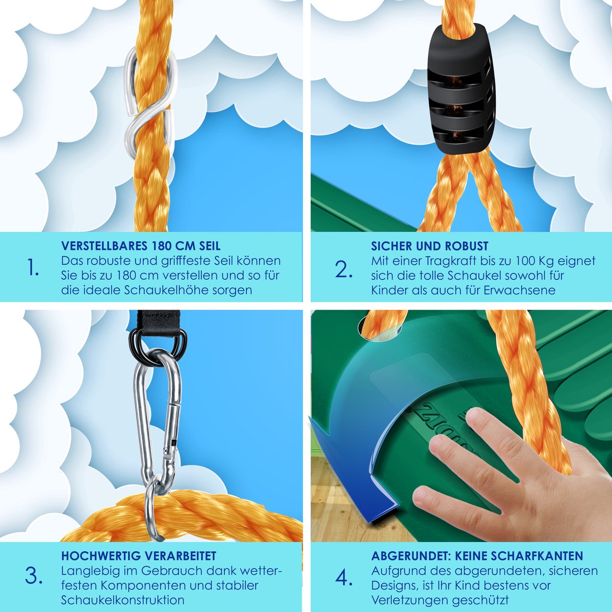 KIDIZ® Schommel Kinderschommel Set - Incl. Accessoires Schommelzitje PP-Touwen Schommelplank Tuin Buiten Binnenschommel voor kinderen om op te schommelen Plastic Hoogte Verstelbaar Antislip - Groen
