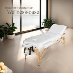 tectake® 3-zone massagetafel - Draagvermogen 250 kg - Mobiele massagebank - Houten frame - Behandeltafel - Inclusief draagtas, hoofdsteun en armleuning - Dikte matras 7,5 cm - In hoogte verstelbaar - Afmeting (LxBxH) 218x102x65 - 90 cm - Wit