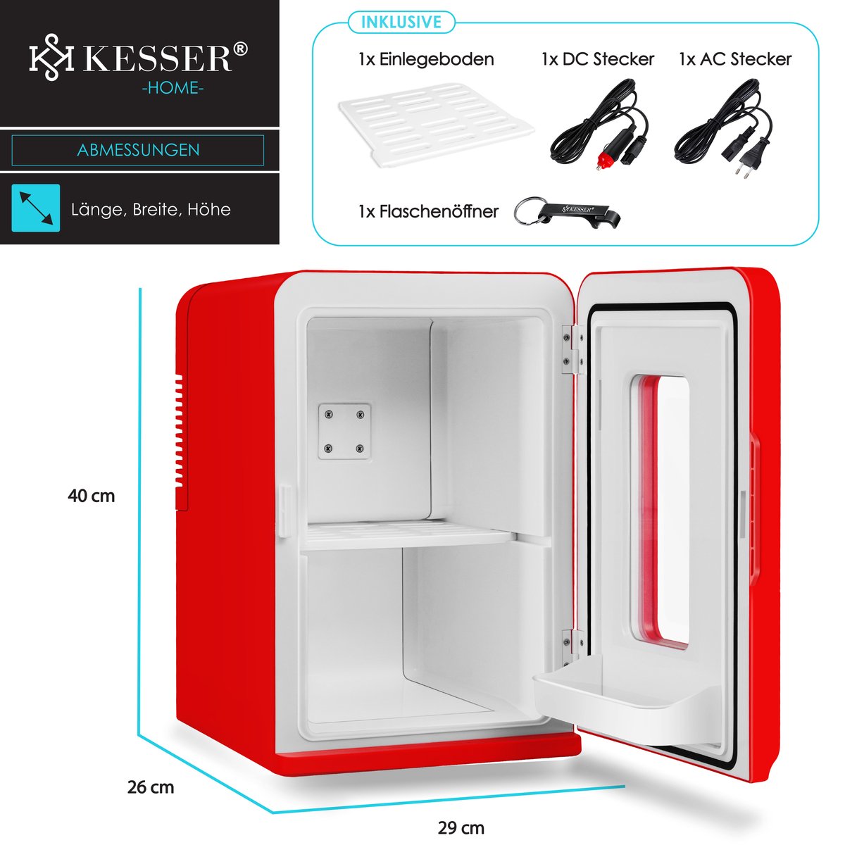 KESSER® Tafelmodel Koelkast 15 Liter AC DC 220-240V en 12V - Mini Koelkast Vrijstaand met Verwarmingsfunctie - Koelbox ideaal voor Auto en camperen - Rood