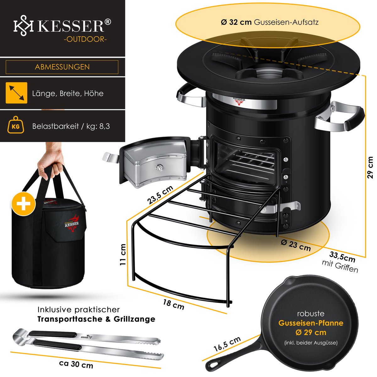 KESSER® Raket Stove - Gietijzer Grillpan - Dutch Oven - RVS - Zwart