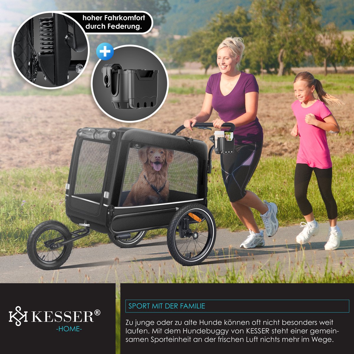 KESSER® Hondenfietskar tot 40 kg 3in1 Hondenbuggy - Fietskar Hond Jogger - Zwart
