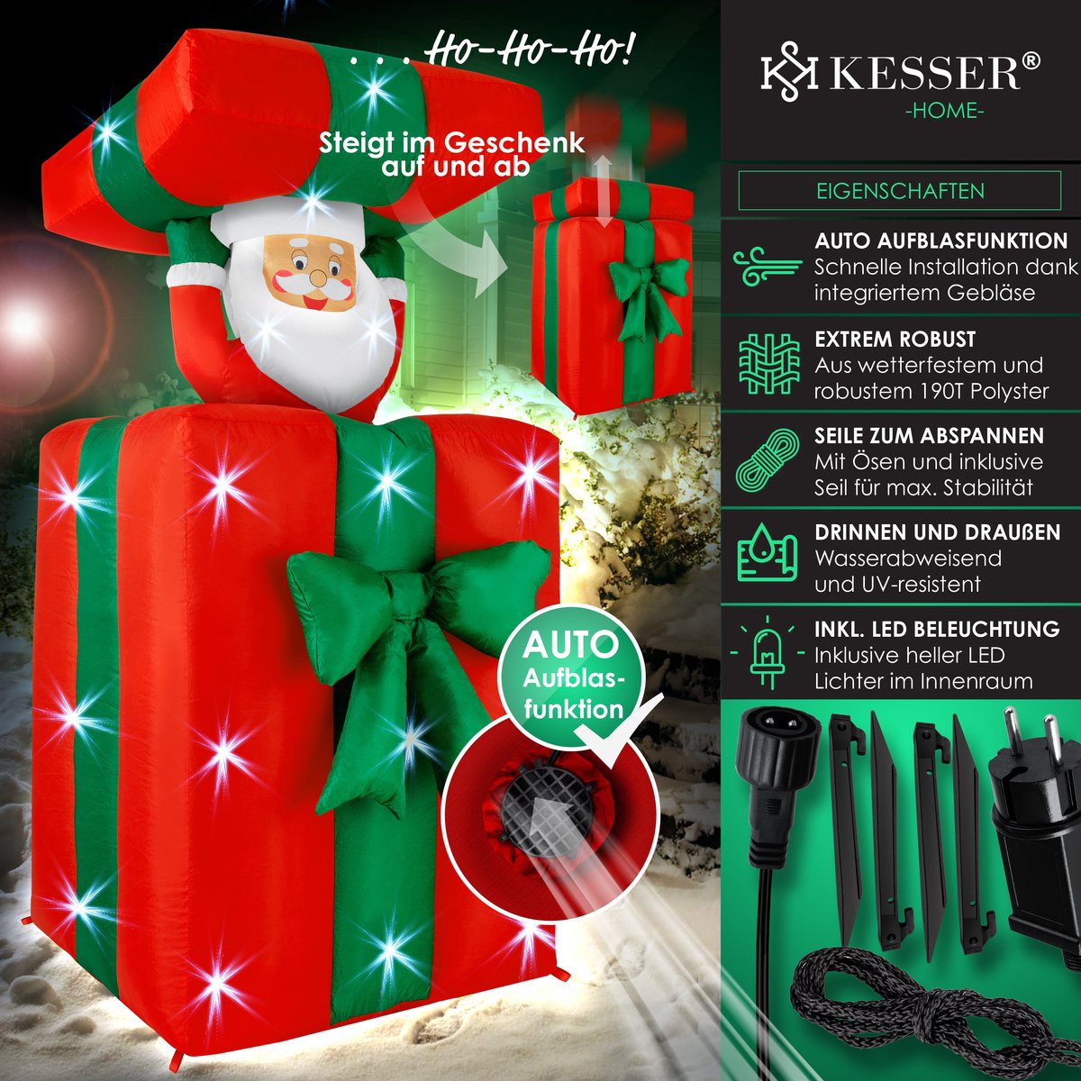 KESSER® Opblaasbare Kerstman pop LED Kerstverlichting - Cadeau Kerstman 152cm Lang Springt-uit-de-Doos Kerstmis LED Verlicht Deco incl. Bevestigingsmateriaal Kerstdecoratie Kerstversiering - 152cm