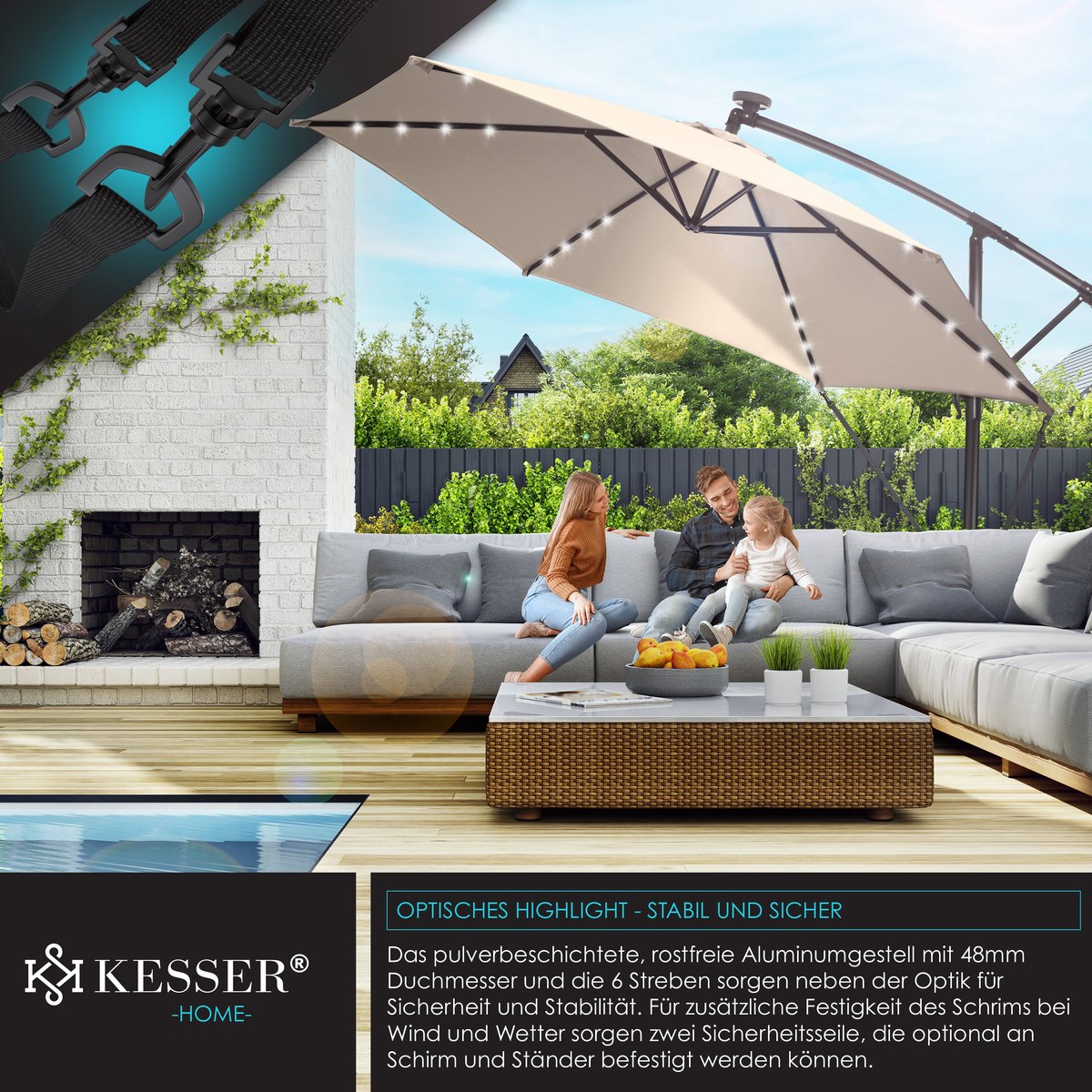 KESSER® Zweefparasol met voet - LED - Ø3m - 360° Draaibaar  - Beige •
