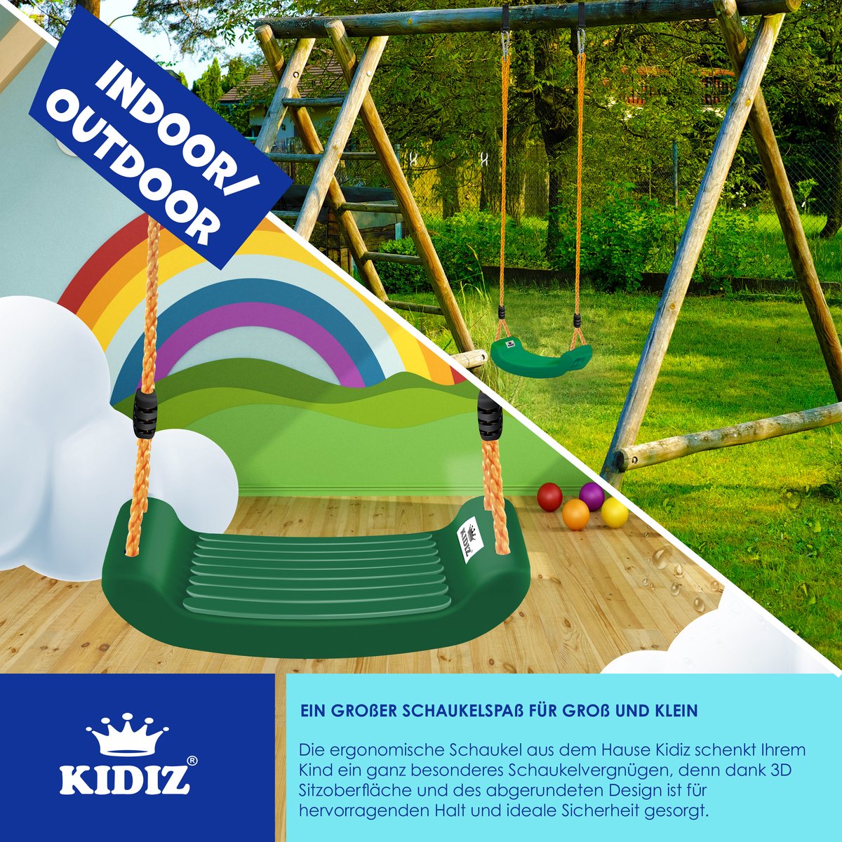 KIDIZ® Schommel Kinderschommel Set - Incl. Accessoires Schommelzitje PP-Touwen Schommelplank Tuin Buiten Binnenschommel voor kinderen om op te schommelen Plastic Hoogte Verstelbaar Antislip - Groen