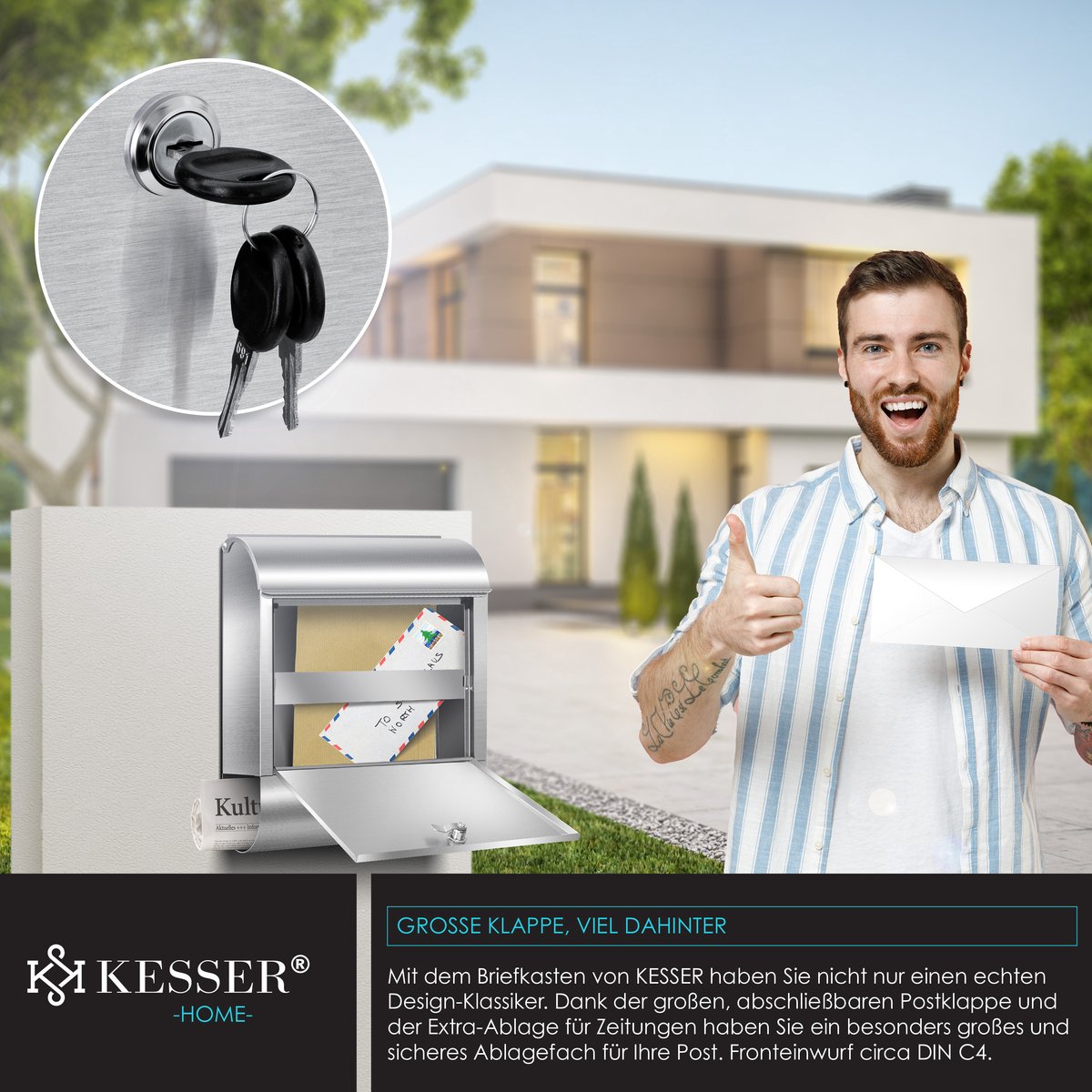 KESSER® RVS Brievenbus  - Wandbrievenbus - Krantenvak - Zilver