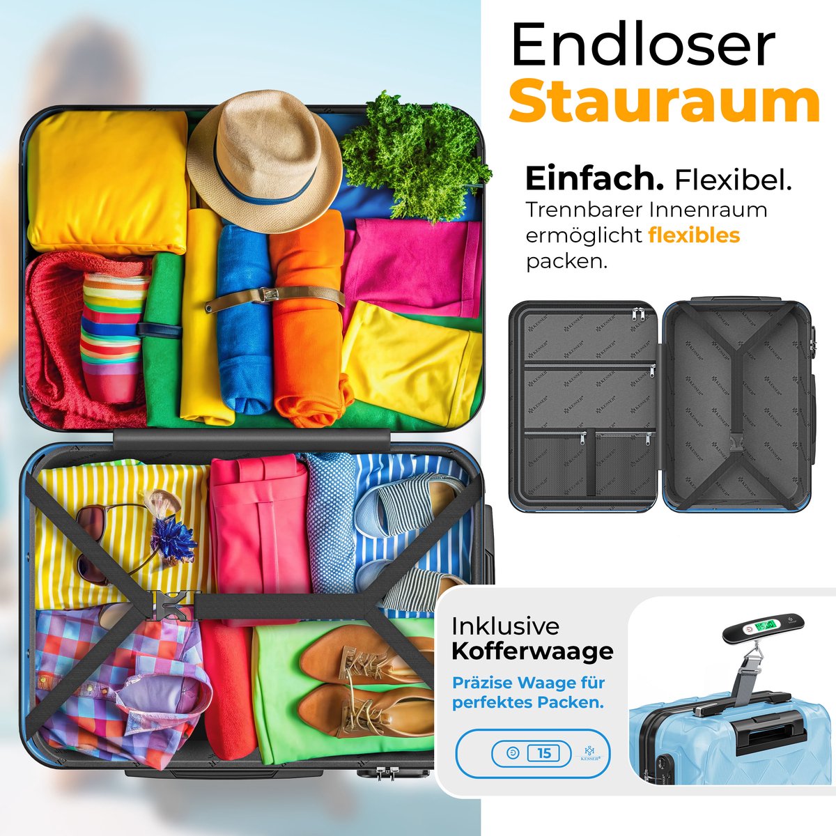 KESSER® Reiskofferset - 4-delig - ABS- Kofferset - Blauw •
